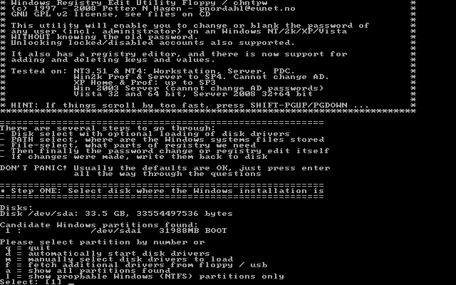Offline NT Password and Registry Editor initial screen